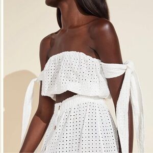 White Eyelet Off-Shoulder Top and Skirt Set